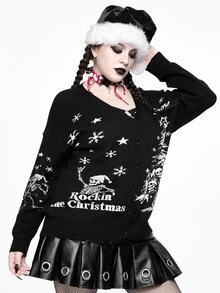 ROMWE Christmas Dark Gothic Style Plus Size Women's Knitted Cardigan, Skull Christmas Tree Snowflake Star Jacquard V-Neck Button Design Loose Long Sleeve Sweater Jacket For Holiday Party - Black - View 6