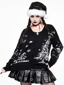 ROMWE Christmas Dark Gothic Style Plus Size Women's Knitted Cardigan, Skull Christmas Tree Snowflake Star Jacquard V-Neck Button Design Loose Long Sleeve Sweater Jacket For Holiday Party - Black - View 8