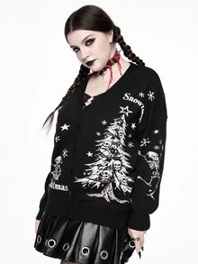 ROMWE Christmas Dark Gothic Style Plus Size Women's Knitted Cardigan, Skull Christmas Tree Snowflake Star Jacquard V-Neck Button Design Loose Long Sleeve Sweater Jacket For Holiday Party - Black - View 4