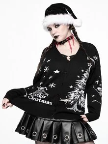 ROMWE Christmas Dark Gothic Style Plus Size Women's Knitted Cardigan, Skull Christmas Tree Snowflake Star Jacquard V-Neck Button Design Loose Long Sleeve Sweater Jacket For Holiday Party - Black - View 5