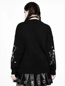 ROMWE Christmas Dark Gothic Style Plus Size Women's Knitted Cardigan, Skull Christmas Tree Snowflake Star Jacquard V-Neck Button Design Loose Long Sleeve Sweater Jacket For Holiday Party - Black - View 3
