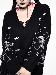 ROMWE Christmas Dark Gothic Style Plus Size Women's Knitted Cardigan, Skull Christmas Tree Snowflake Star Jacquard V-Neck Button Design Loose Long Sleeve Sweater Jacket For Holiday Party - Black - View 2