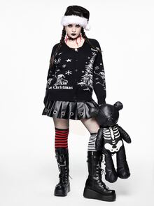 ROMWE Christmas Dark Gothic Style Plus Size Women's Knitted Cardigan, Skull Christmas Tree Snowflake Star Jacquard V-Neck Button Design Loose Long Sleeve Sweater Jacket For Holiday Party - Black - View 1