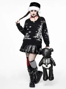 ROMWE Christmas Dark Gothic Style Plus Size Women's Knitted Cardigan, Skull Christmas Tree Snowflake Star Jacquard V-Neck Button Design Loose Long Sleeve Sweater Jacket For Holiday Party - Black - View 9