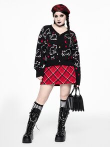 ROMWE Hippie Áo cardigan len nữ size lớn tay dài họa tiết mèo hoạt hình, cài nút đơn - màu đen - Xem 3