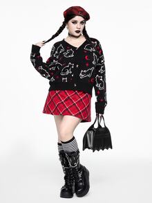 ROMWE Hippie Áo cardigan len nữ size lớn tay dài họa tiết mèo hoạt hình, cài nút đơn - màu đen - Xem 6