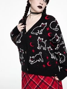 ROMWE Hippie Áo cardigan len nữ size lớn tay dài họa tiết mèo hoạt hình, cài nút đơn - màu đen - Xem 2