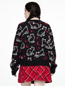 ROMWE Hippie Áo cardigan len nữ size lớn tay dài họa tiết mèo hoạt hình, cài nút đơn - màu đen - Xem 8