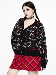 ROMWE Hippie Áo cardigan len nữ size lớn tay dài họa tiết mèo hoạt hình, cài nút đơn - màu đen - Xem 4