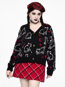 ROMWE Hippie Áo cardigan len nữ size lớn tay dài họa tiết mèo hoạt hình, cài nút đơn - màu đen - Xem 5