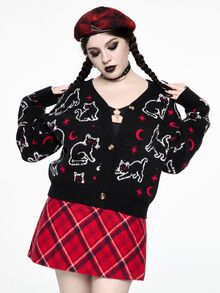 ROMWE Hippie Áo cardigan len nữ size lớn tay dài họa tiết mèo hoạt hình, cài nút đơn - màu đen - Xem 1