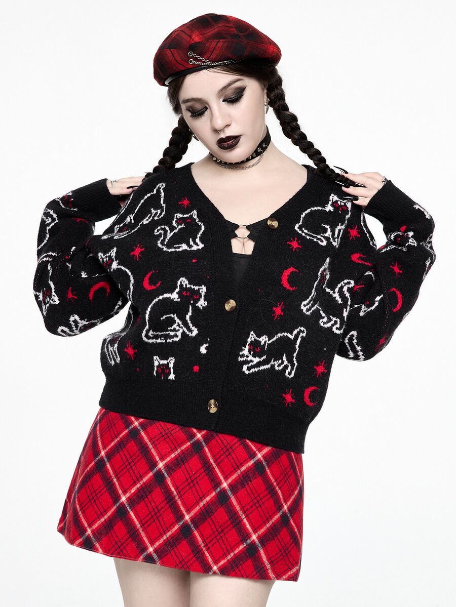 ROMWE Hippie Áo cardigan len nữ size lớn tay dài họa tiết mèo hoạt hình, cài nút đơn - màu đen - Xem 1
