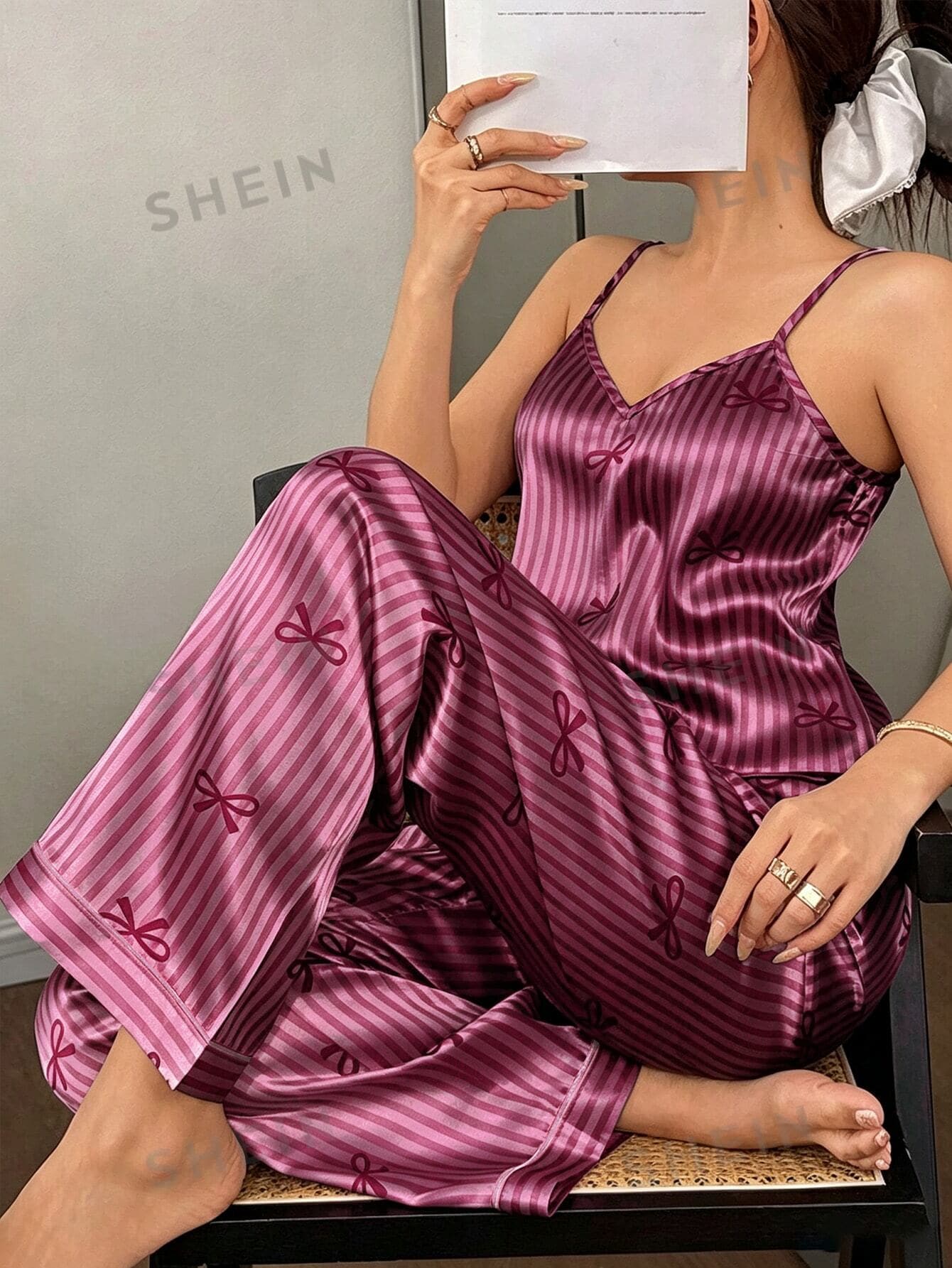 Napfluff Women's Bow Striped Print Faux Silk Camisole & Long Pants Pajama Set - Red Violet - View 1