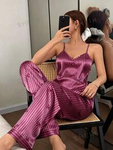Napfluff Women's Bow Striped Print Faux Silk Camisole & Long Pants Pajama Set - Red Violet - View 2