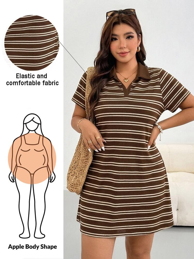 Shapeblank Plus Size Half-Placket Raglan Short Sleeve Striped Casual Loose Dress Elegant Summer - Multicolor - View 1