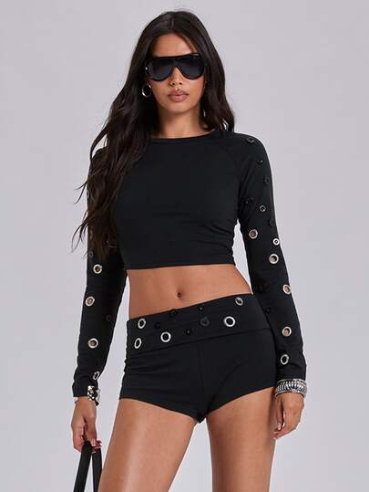 Herbst/Winter Y2K Retro Hot Girl Lässig Millennium Stil Knopf & Ösen gepunktete Dekoration Damen 2-teiliges Set