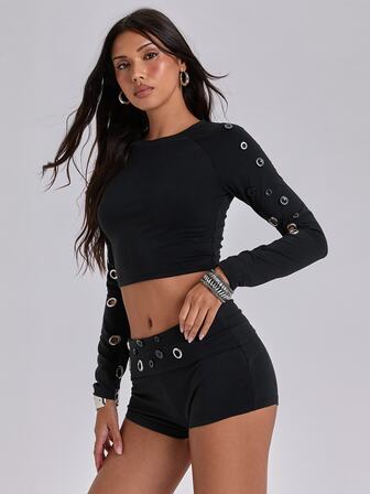 Conjunto de 2 piezas para mujer estilo casual Y2K retro Hot Girl de otoño/invierno, estilo milenario con decoración de botones y ojales con lunares