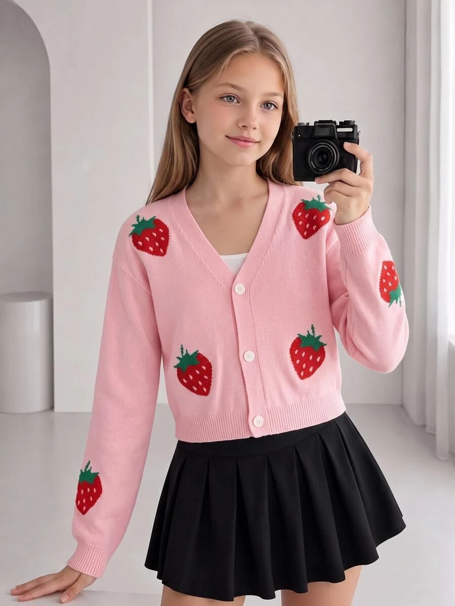 SHEIN Tween Girl Fashion Casual Sweet Cherry Jacquard Knit Cardigan - Pink - View 1