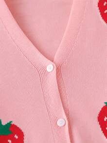 SHEIN Tween Girl Fashion Casual Sweet Cherry Jacquard Knit Cardigan - Pink - View 7