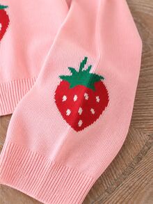 SHEIN Tween Girl Fashion Casual Sweet Cherry Jacquard Knit Cardigan - Pink - View 3