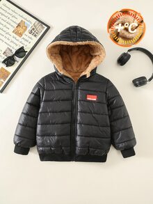 SHEIN 1件男童休閒時尚百搭純色厚外套，適合外出、學校、聚會、運動、派對，秋冬款 - 黑色 - 查看 4