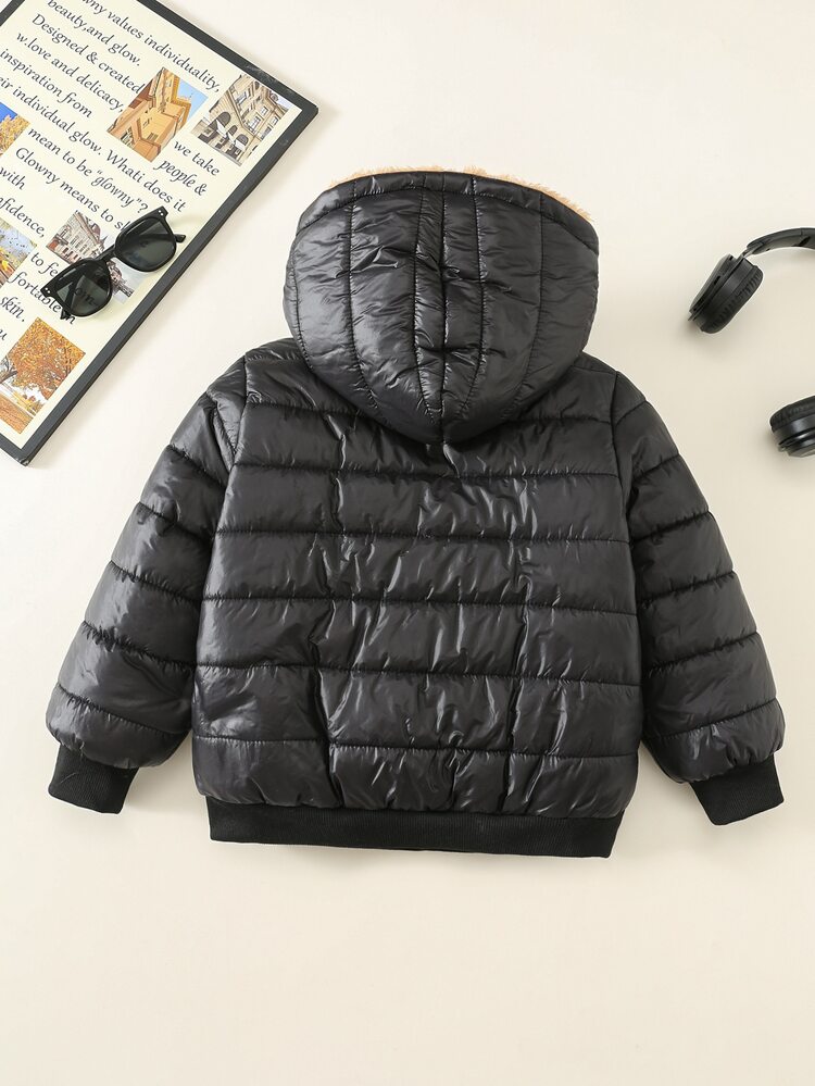 SHEIN 1pc Young Boys Casual Fashion Versatile Solid Color Thick Jacket Suitable For Outings, School, Gatherings, Sports, Parties, Autumn/Winter - Black - View 3