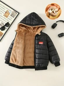 SHEIN 1件男童休閒時尚百搭純色厚外套，適合外出、學校、聚會、運動、派對，秋冬款 - 黑色 - 查看 2