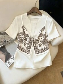 Franclia Elegant White And Brown Summer Women T-Shirt,French Minimalist Knit 2 In 1 Twist Design Round Neck Short Sleeve,Tea Party Daily Commute Work School - Apricot - View 5