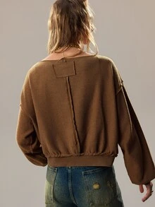 SHEIN Women's Solid Color Casual Versatile Daily Wear Sweatshirt - Coffee Brown - View 4