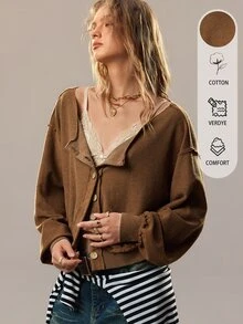 SHEIN Women's Solid Color Casual Versatile Daily Wear Sweatshirt - Coffee Brown - View 2