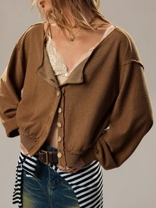 SHEIN Women's Solid Color Casual Versatile Daily Wear Sweatshirt - Coffee Brown - View 3