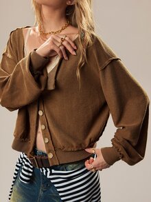 SHEIN Women's Solid Color Casual Versatile Daily Wear Sweatshirt - Coffee Brown - View 5