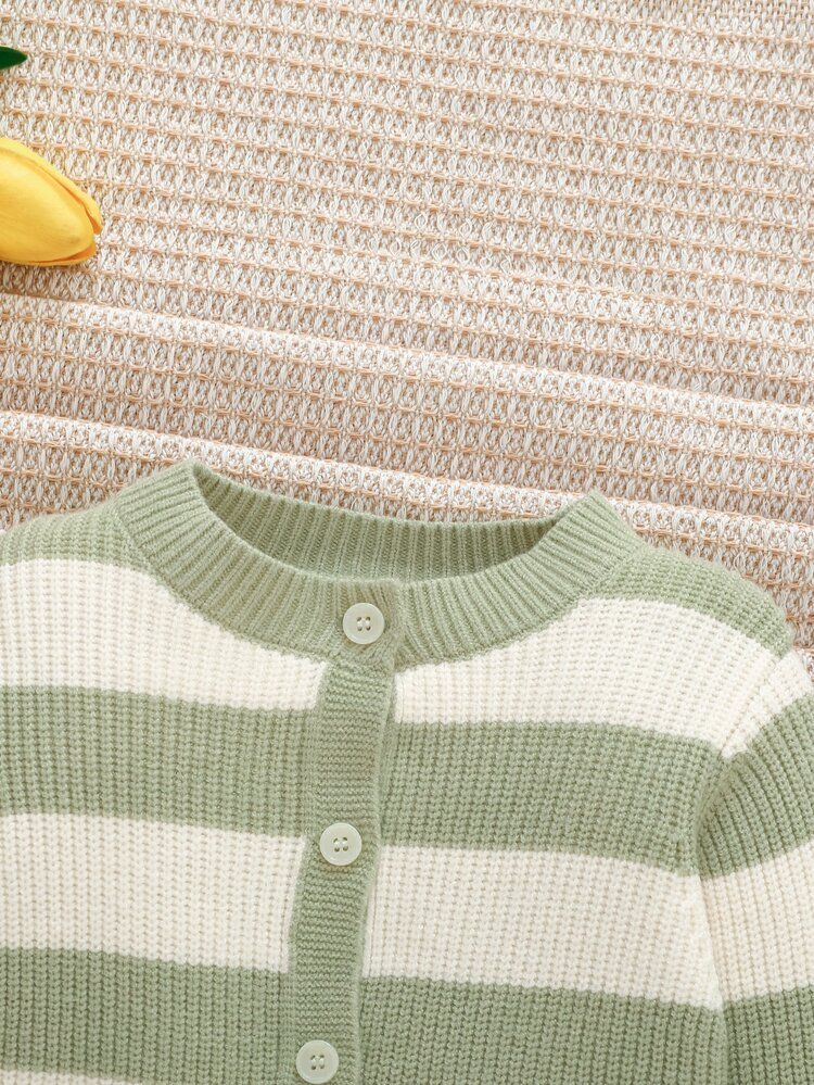SHEIN Sage Green Baby Fashion Sweater Set Round Neck Long Sleeve Cardigan Inner Camisole Jumpsuit Casual Cute Funny Overalls Style Family Photoshoot Autumn - Green - View 3