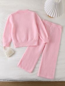 Young Girl Fashionable Versatile Cute Bow Decor Sweater & Knitted Pants Set Autumn Winter - Pink - View 2