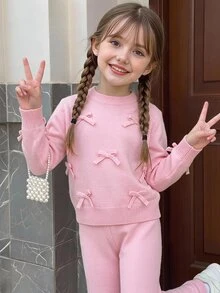 Young Girl Fashionable Versatile Cute Bow Decor Sweater & Knitted Pants Set Autumn Winter - Pink - View 9