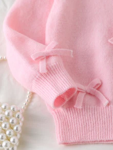Young Girl Fashionable Versatile Cute Bow Decor Sweater & Knitted Pants Set Autumn Winter - Pink - View 4