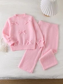 Young Girl Fashionable Versatile Cute Bow Decor Sweater & Knitted Pants Set Autumn Winter - Pink - View 8