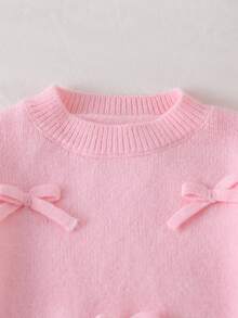 Young Girl Fashionable Versatile Cute Bow Decor Sweater & Knitted Pants Set Autumn Winter - Pink - View 3