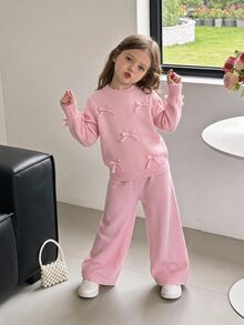 Young Girl Fashionable Versatile Cute Bow Decor Sweater & Knitted Pants Set Autumn Winter - Pink - View 1