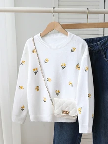 SHEIN 1件女童毛衣，簡約百搭圓領白色落肩長袖，黃色鬱金香與雛菊花卉刺繡圖案，清新藝術田園風，適中厚度，整齊下擺，緊口袖口，柔軟親膚質感，精緻細膩，單穿好看，時尚耐穿，適合日常穿著、上學、戶外活動、聚會等場合，秋冬穿搭 - 白色 - 查看 10