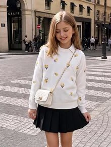 SHEIN 1件女童毛衣，簡約百搭圓領白色落肩長袖，黃色鬱金香與雛菊花卉刺繡圖案，清新藝術田園風，適中厚度，整齊下擺，緊口袖口，柔軟親膚質感，精緻細膩，單穿好看，時尚耐穿，適合日常穿著、上學、戶外活動、聚會等場合，秋冬穿搭 - 白色 - 查看 9