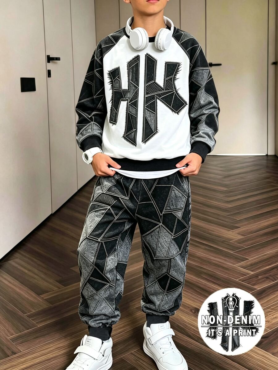 Tween Boys Casual Street Minimalist Black & Grey Geometric Patchwork Letter Print Drop Shoulder Crew Neck Sweatshirt & Sweatpants 2 Pieces Set, Suitable For Outings And Sports - Multicolor - View 1
