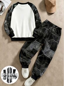 Tween Boys Casual Street Minimalist Black & Grey Geometric Patchwork Letter Print Drop Shoulder Crew Neck Sweatshirt & Sweatpants 2 Pieces Set, Suitable For Outings And Sports - Multicolor - View 2