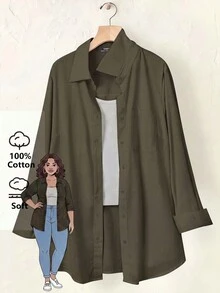 SHEIN BASICS 大尺碼秋季休閒百搭純色襯衫 - 軍綠色 - 查看 1