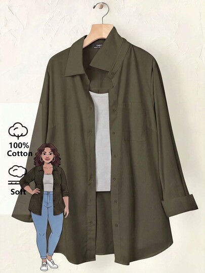 SHEIN BASICS Plus Size Autumn Casual Versatile Solid Color Shirt Fall
