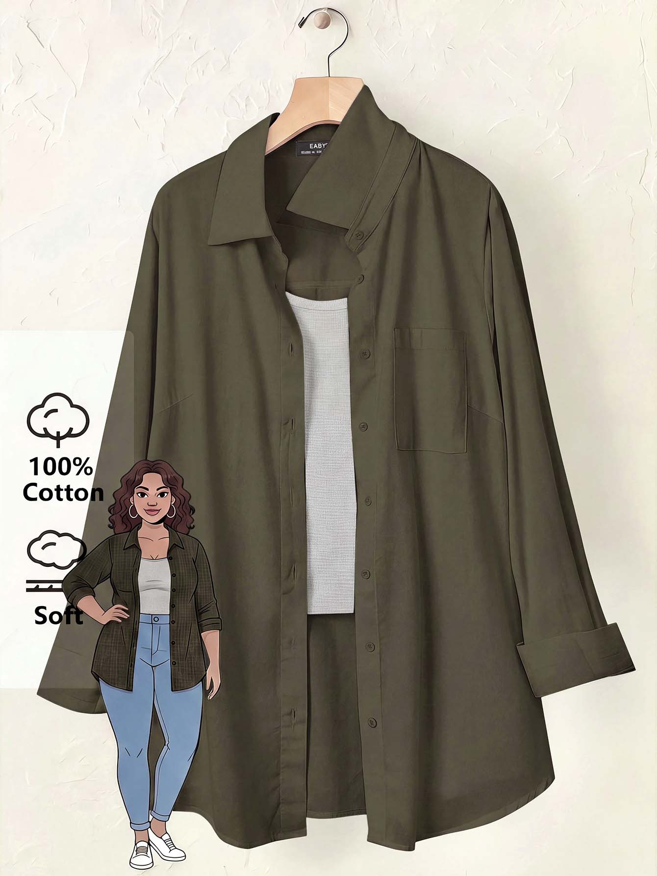 SHEIN BASICS 大尺碼秋季休閒百搭純色襯衫 - 軍綠色 - 查看 1