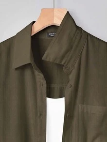 SHEIN BASICS 大尺碼秋季休閒百搭純色襯衫 - 軍綠色 - 查看 6
