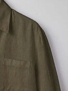 SHEIN BASICS 大尺碼秋季休閒百搭純色襯衫 - 軍綠色 - 查看 4