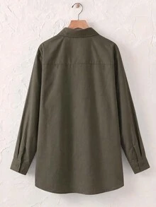 SHEIN BASICS 大尺碼秋季休閒百搭純色襯衫 - 軍綠色 - 查看 2