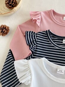 SHEIN Playful Pals 3件組女嬰可愛粉色白色海軍藍荷葉邊羅紋飛袖圓領輕便條紋派對秋季節日T恤上衣 - 黑與白 - 查看 7